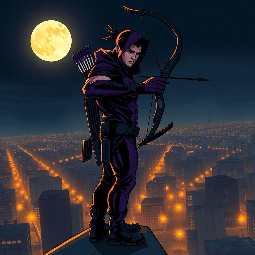 This image features Clint Barton, also known as Hawkeye, standing on a rooftop in the city, ready to take aim with his bow and arrow. The cityscape serves as a stunning backdrop, with towering buildings and bustling streets below. The image captures the essence of Hawkeye's skills as an archer and his ability to blend into the urban environment.