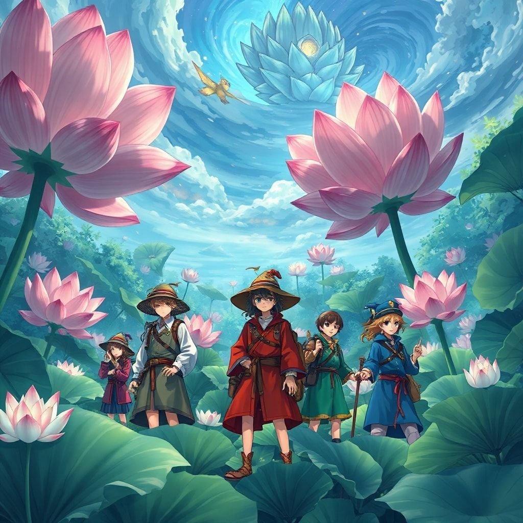 A lively fantasy illustration portrays a group of five adventurous individuals, each armed and ready for an exciting journey through a verdant lotus forest. Their colorful attire adds to the vibrancy of the scene, set against the backdrop of a mystical sky with a floating island and a bird flying overhead.