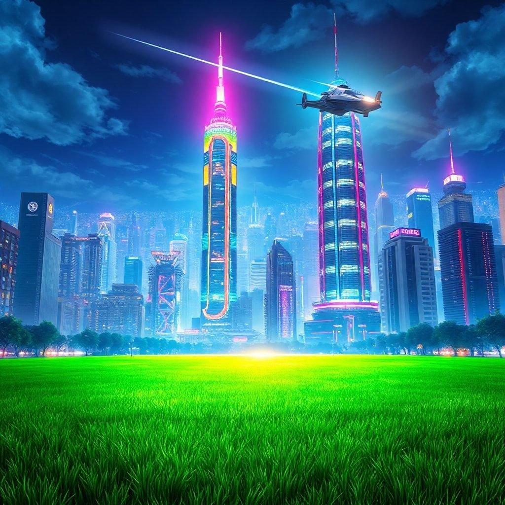 Tauchen Sie ein in die lebendige Welt des Anime mit diesem atemberaubenden Stadtlandschaft-Hintergrundbild, das eine futuristische Metropole bei Nacht mit einem leuchtenden Wolkenkratzer und fliegenden Autos zeigt.