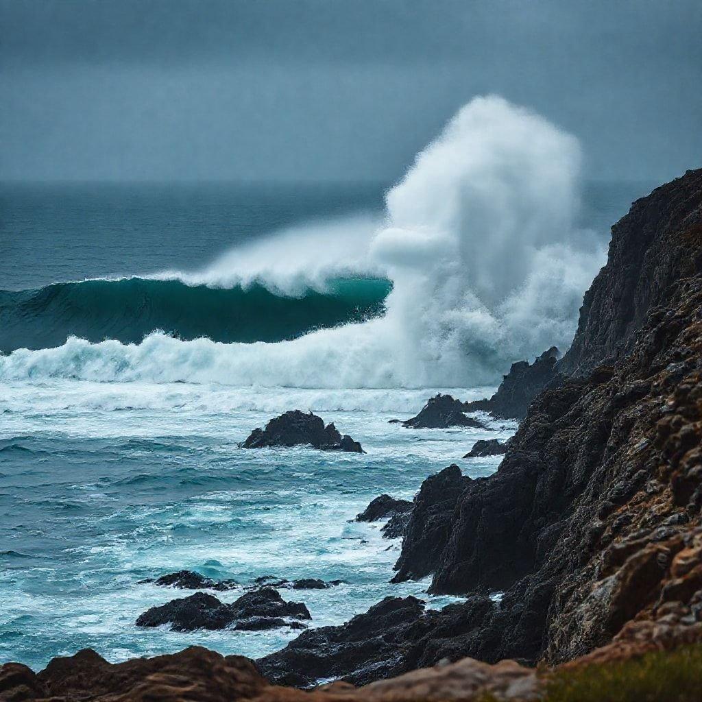 A stunning ocean scene with waves crashing against the rocks, creating a powerful and dynamic display of nature's force.