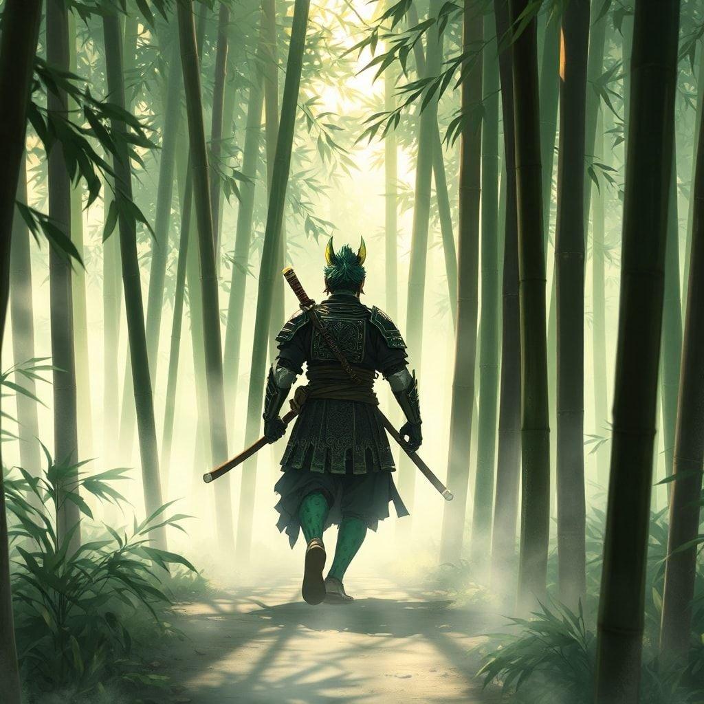 Esta ilustração em estilo anime retrata um samurai caminhando por uma floresta de bambu enevoada, com pelagem verde e amarela vibrante contrastando com o bambu marrom escuro e preto. A cena é iluminada por tons de verde claro e marrom, criando uma sensação de movimento e mistério.