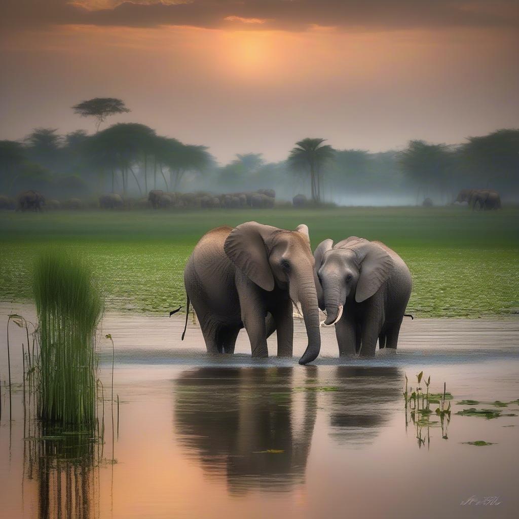 This stunning wallpaper features a heartwarming scene of two elephants standing together in a tranquil landscape, evoking a sense of peace and harmony.