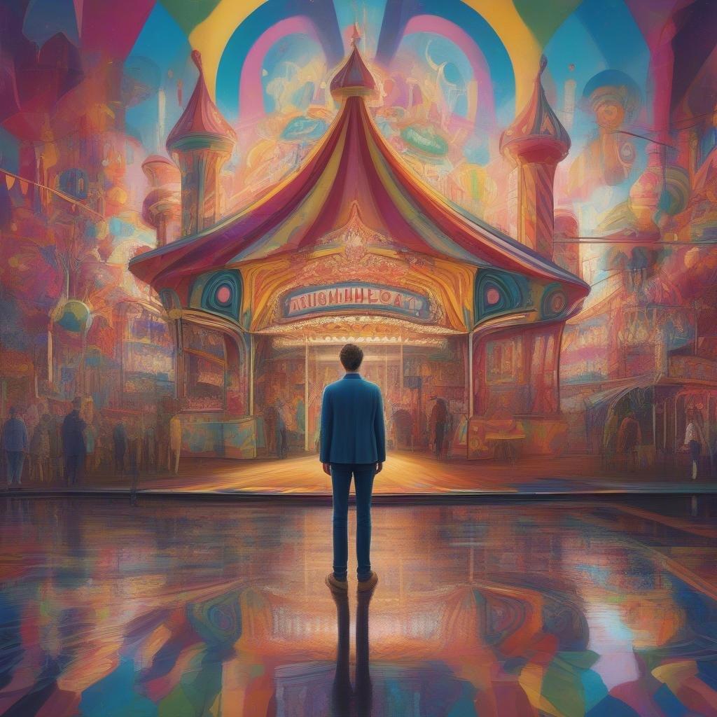 A magical carnival scene illuminated by vibrant lights, with a man in the foreground gazing at the spectacle.