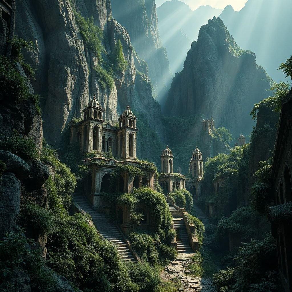 A lost city of stone temples, overgrown with nature. An ancient civilization hidden among the peaks. This breathtaking scene would be at home on your desktop or mobile device, invoking a sense of adventure and mystery.