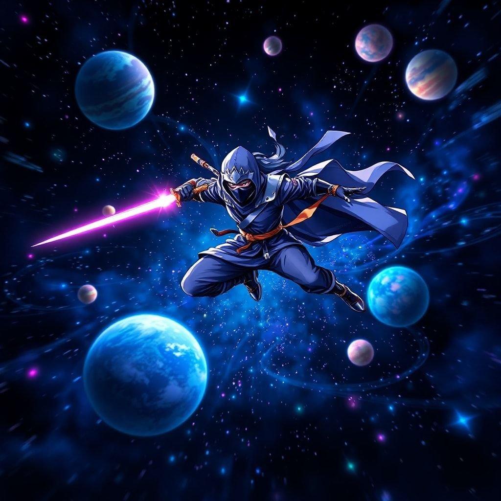 Mach dich bereit, deinen inneren Ninja mit diesem epischen Wallpaper zu entfesseln, das einen kosmischen Ninja-Krieger zeigt, der durch den Raum springt.