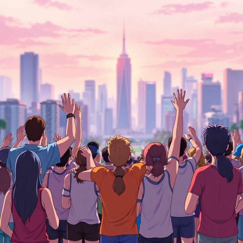 A breathtaking anime-style cityscape with a group of people cheering and high-fiving at the end of a marathon, set against a backdrop of tall buildings and a large skyscraper.