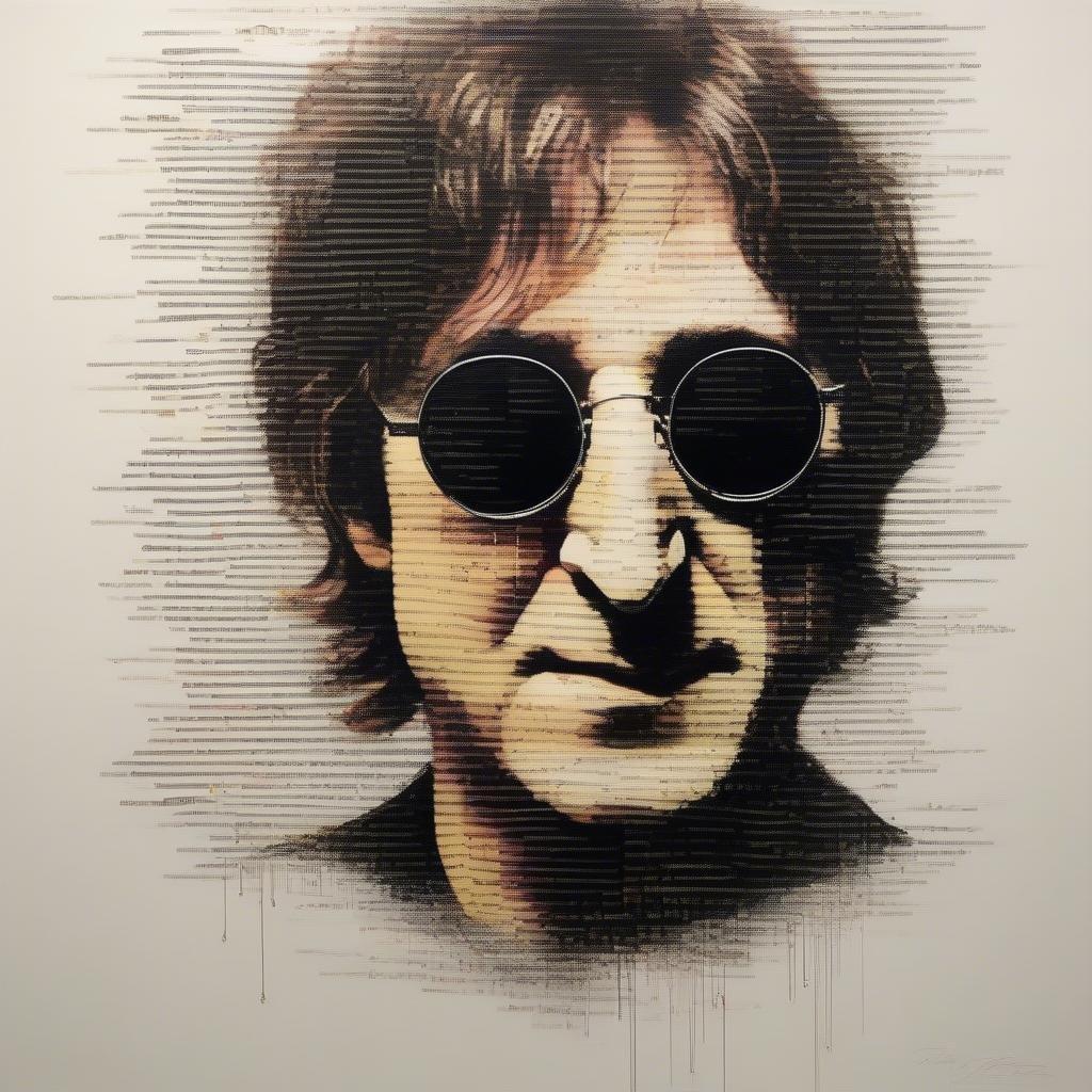 Un portrait saisissant de l'iconique John Lennon des Beatles, connu pour ses lunettes de soleil distinctives et son regard pensif.