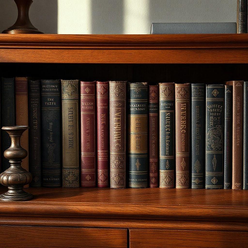 This image showcases a beautifully crafted wooden bookshelf, adorned with a variety of books and a few decorative items. The warm brown color of the bookshelf adds a cozy touch to the overall atmosphere, making it perfect for a home office or study.