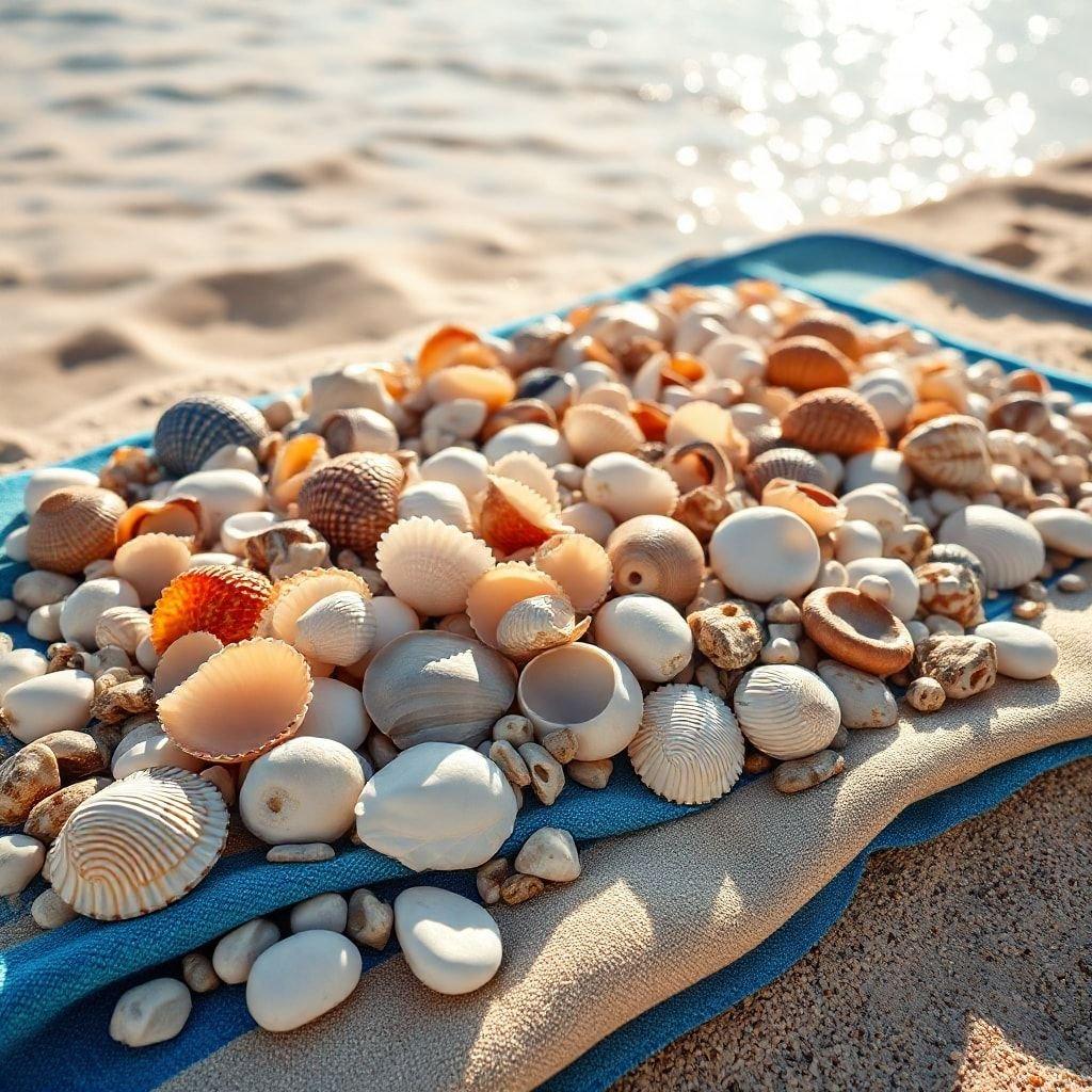 A picturesque beach scene with piles of beautiful sea shells on a sunny day.