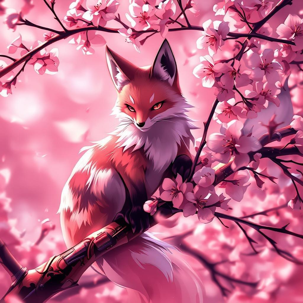 This enchanting anime illustration features a fox spirit perched on a branch of a blossoming cherry blossom tree, set against a vibrant pink and white background. The scene is bathed in warm light, creating a captivating atmosphere.