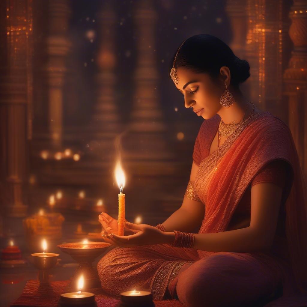 This beautiful wallpaper captures the essence of Diwali, the festival of lights. The image features a woman in a traditional Indian sari, holding a lit candle, surrounded by other candles and diyas, creating a warm and inviting atmosphere.