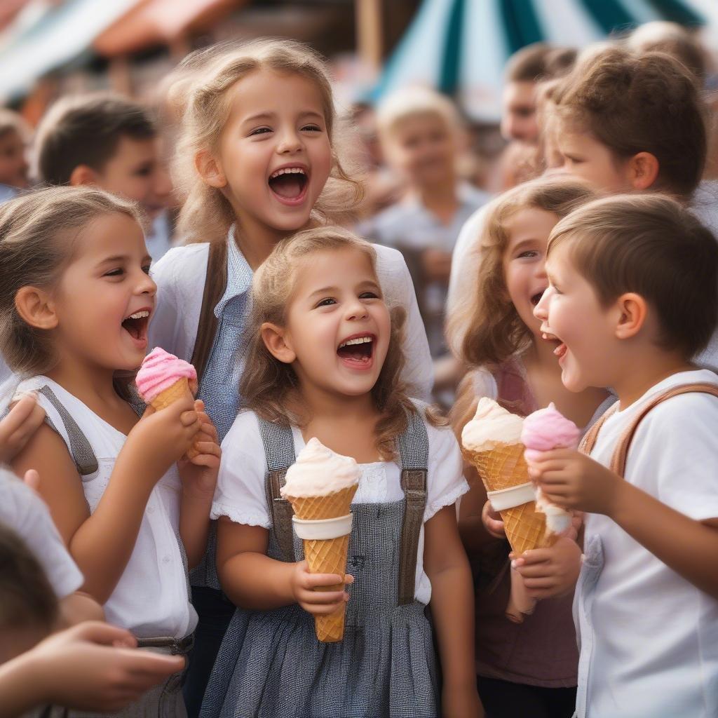 Laughter and joy fill the air as children share their delight over pink and white ice cream cones during a lively Oktoberfest celebration.