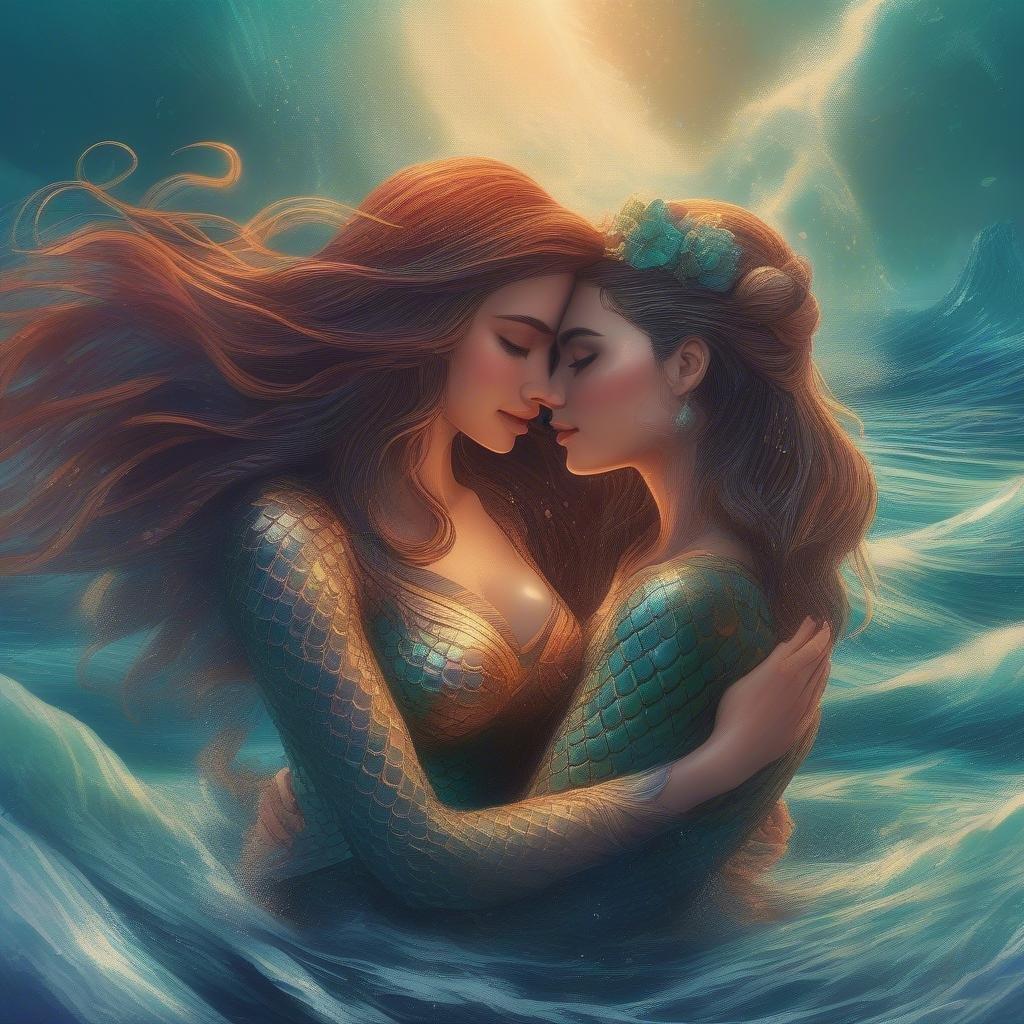 A magical moment shared by two mermaids, celebrating their bond in the underwater realm.