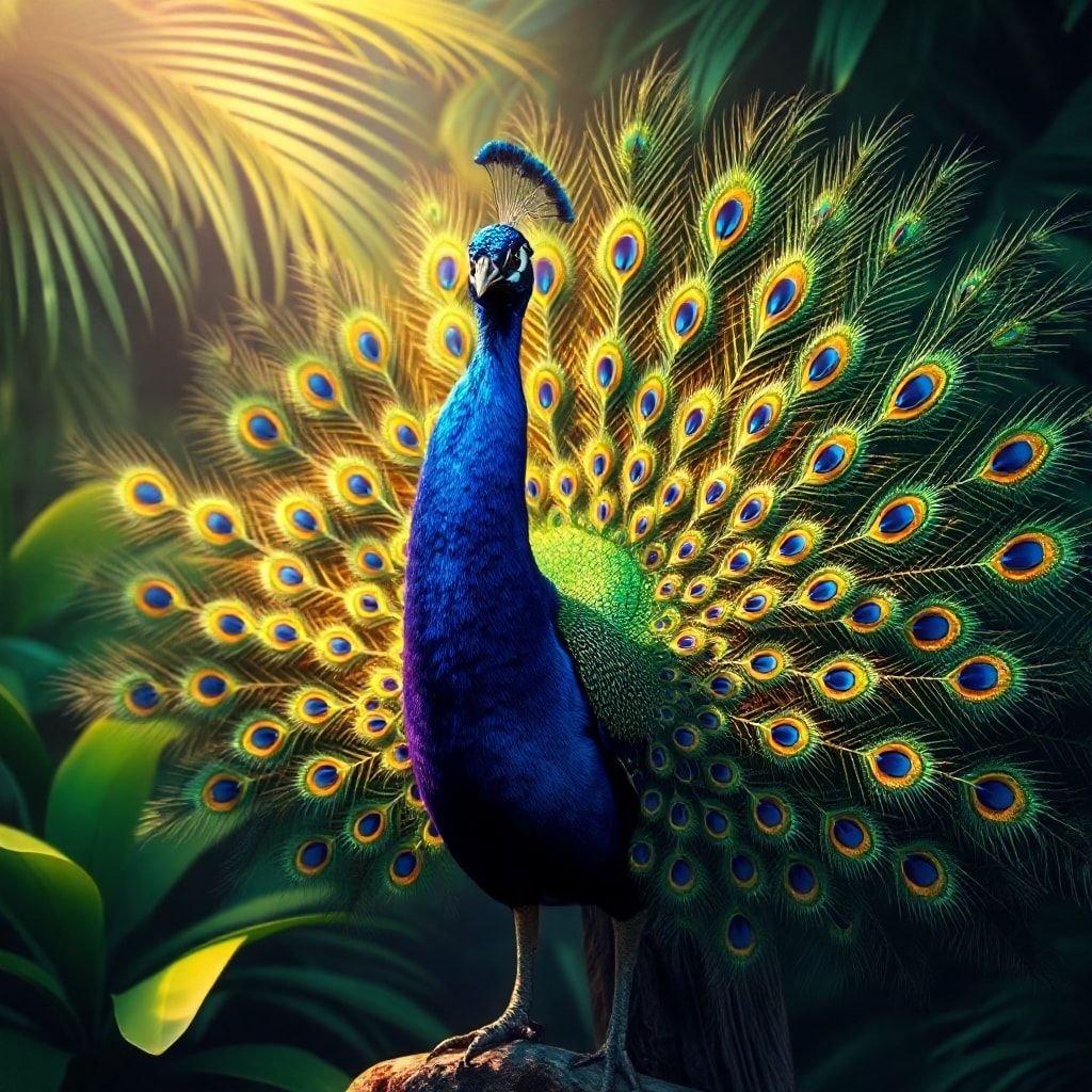 This majestic peacock stands proudly against a lush tropical backdrop, embodying the vibrant energy and exotic beauty of nature. With its stunning plumage fully displayed, it serves as a symbol of pride and self-confidence. Wallpaper your desktop or phone with this serene scene to brighten up your day.