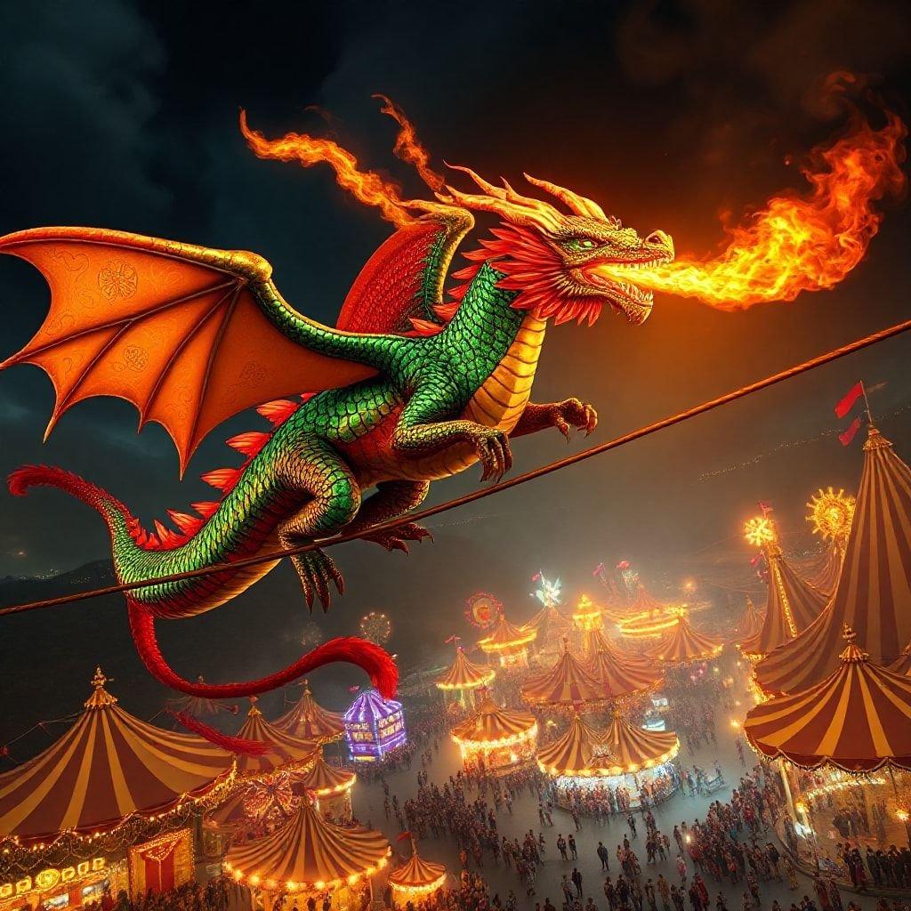 A majestic dragon soars over a bustling carnival, its fiery breath illuminating the night sky.