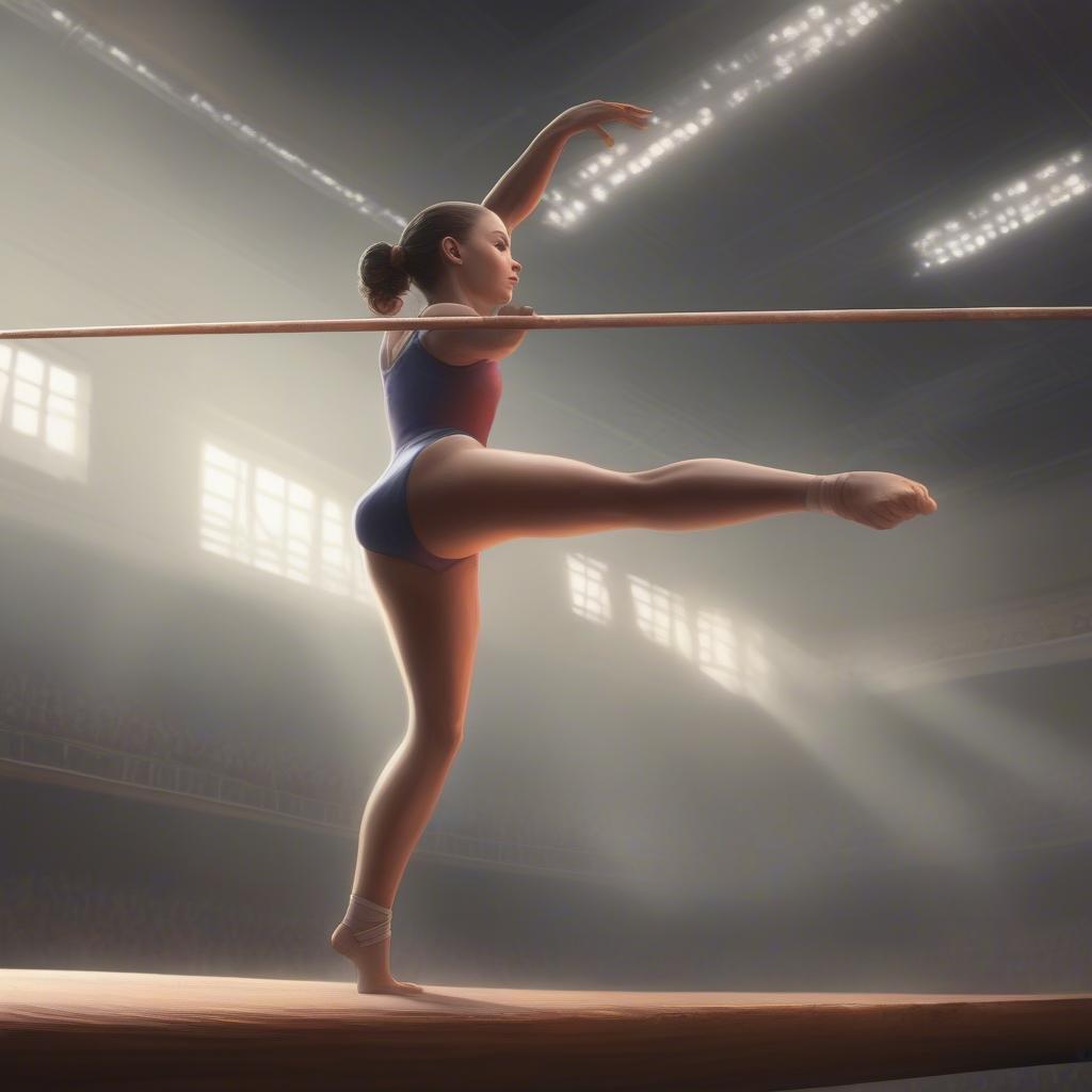 This dynamic sports scene captures the poised strength and grace inherent in gymnastics. A female athlete, muscles taut and ready for action, holds onto a high bar. The background reveals an empty stadium, adding an air of anticipation and competition to the image.