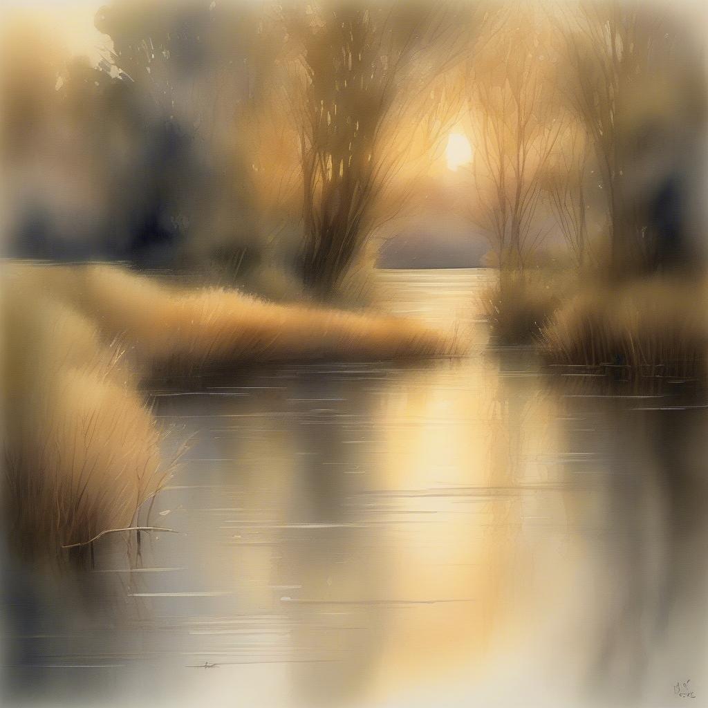 A tranquil scene at sunset, with the warm glow bathing a serene riverbank where grasses dance in gentle waves. The silhouette of trees along the water's edge mirrored on the placid water surface creates a beautiful interplay between light and shadow.