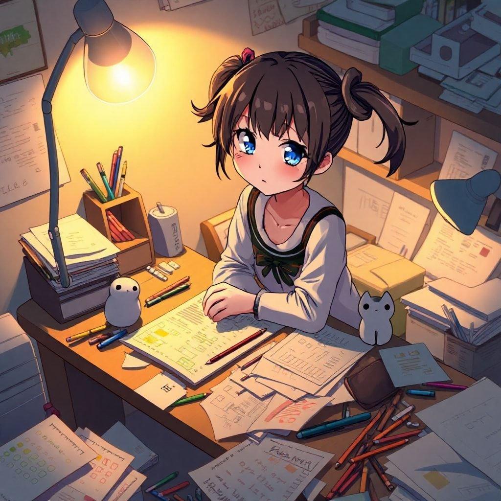 A serene and organized workspace featuring an anime girl sitting at a desk with a lamp, surrounded by papers and pencils.