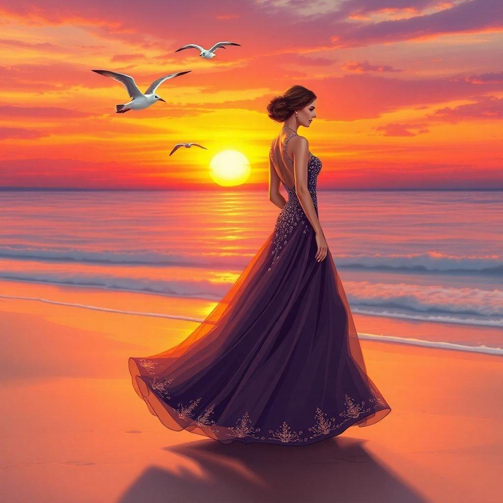 A poised elegance in a chic beachfront gown at sunset, with birds soaring over the horizon.