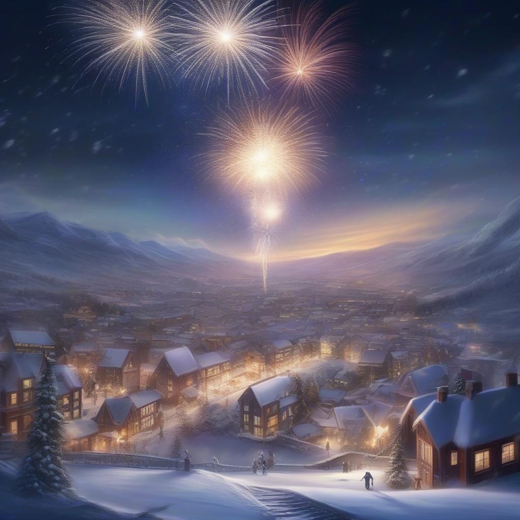 This festive winter wallpaper features a stunning fireworks display set against a backdrop of snow-covered houses and trees. The bright lights and vibrant colors create a magical atmosphere, perfect for celebrating the holiday season.