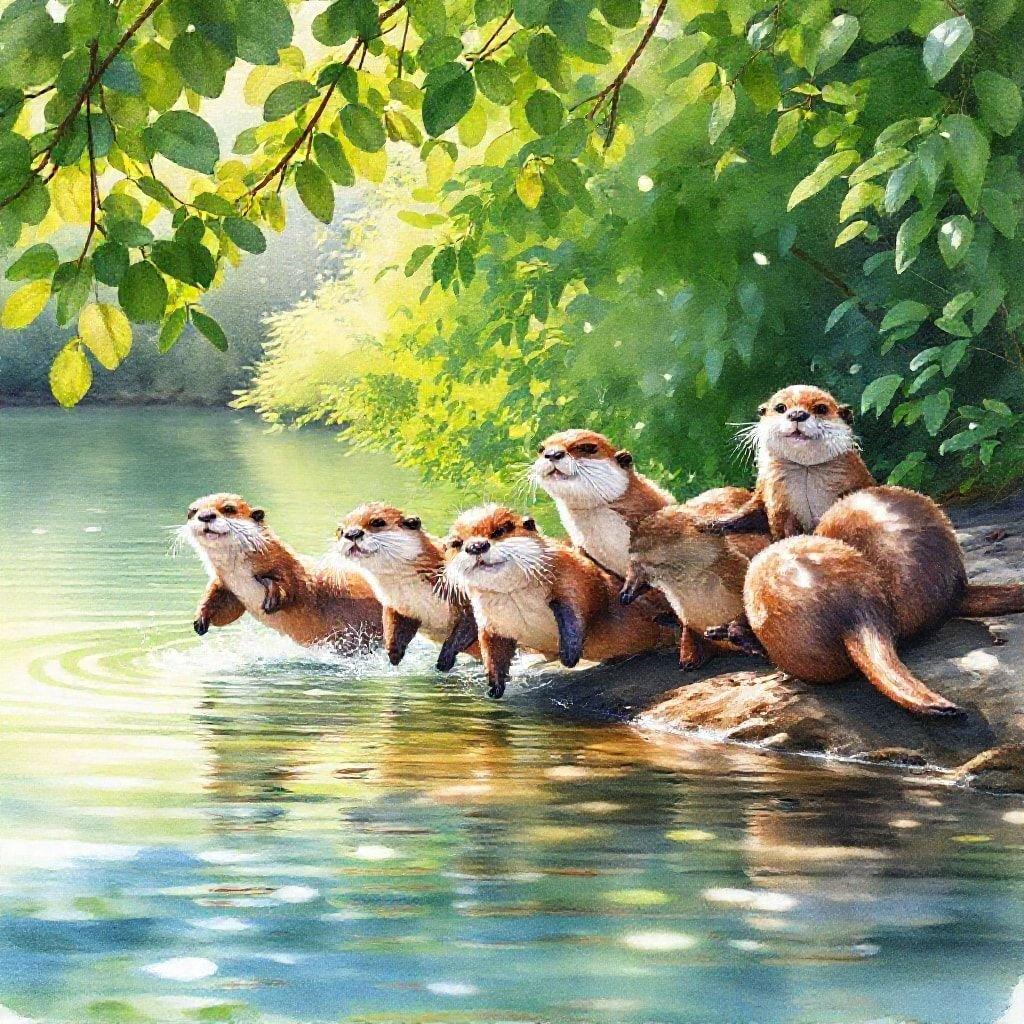 A group of otters enjoying the outdoors, surrounded by lush greenery and a serene body of water.