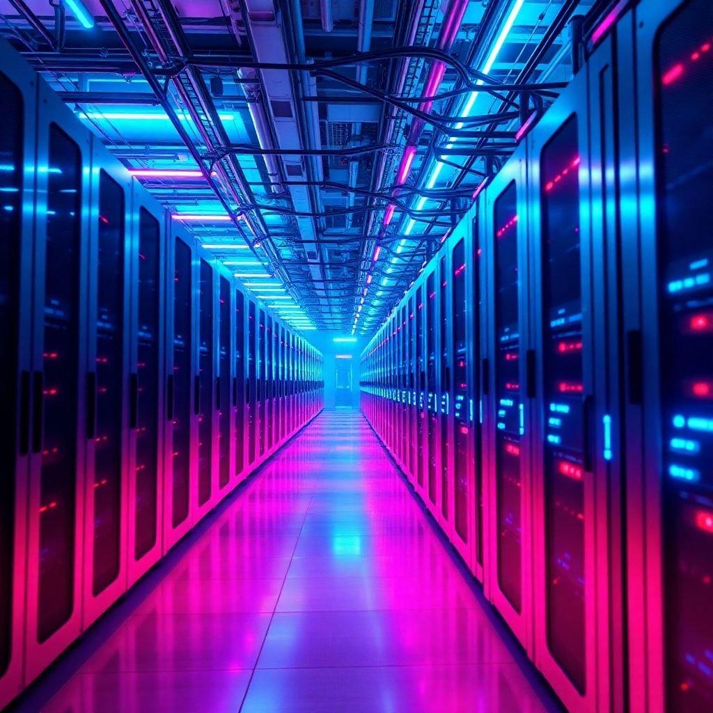 A modern server room with rows of sleek, glowing servers under neon lights. This cyberpunk image is a perfect wallpaper for those who love technology and the future.