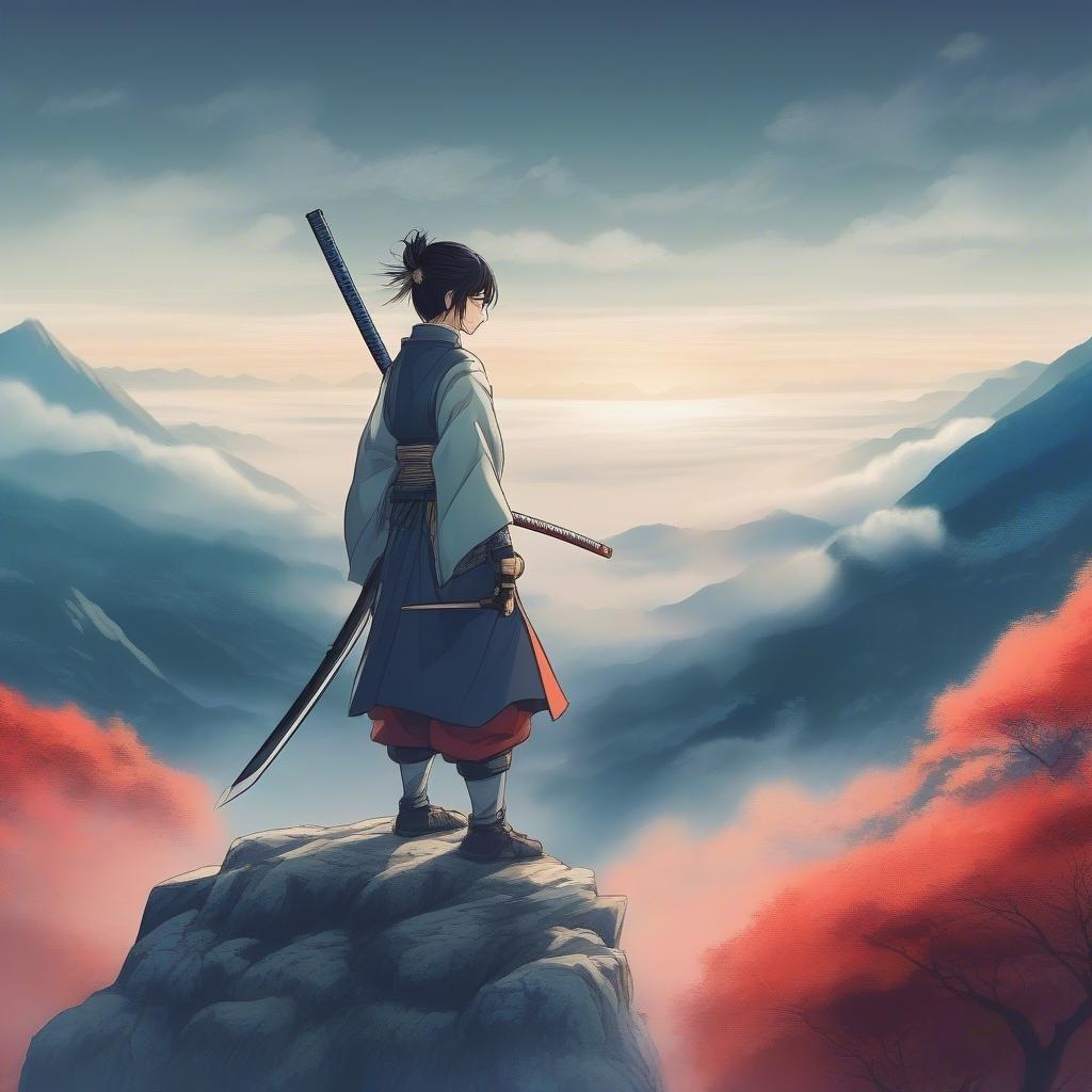 This stunning anime illustration captures a young samurai standing atop a majestic mountain peak, her sword pointed directly at the viewer. The scene exudes a sense of dynamic energy, with a misty atmosphere that creates a serene and peaceful ambiance.