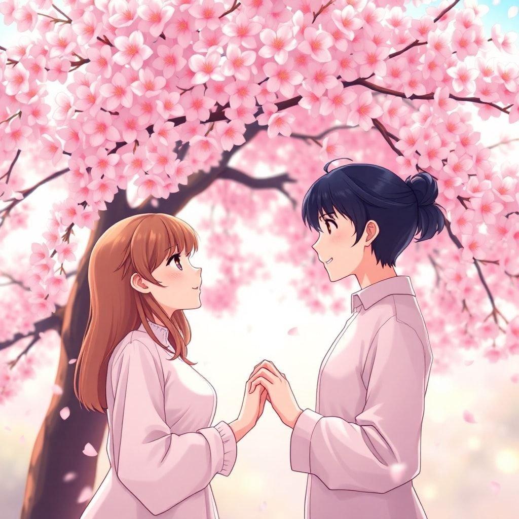 Une belle illustration anime d'un couple se tenant sous un cerisier en fleurs, leurs mains se touchant, capturant un moment tendre entre eux.