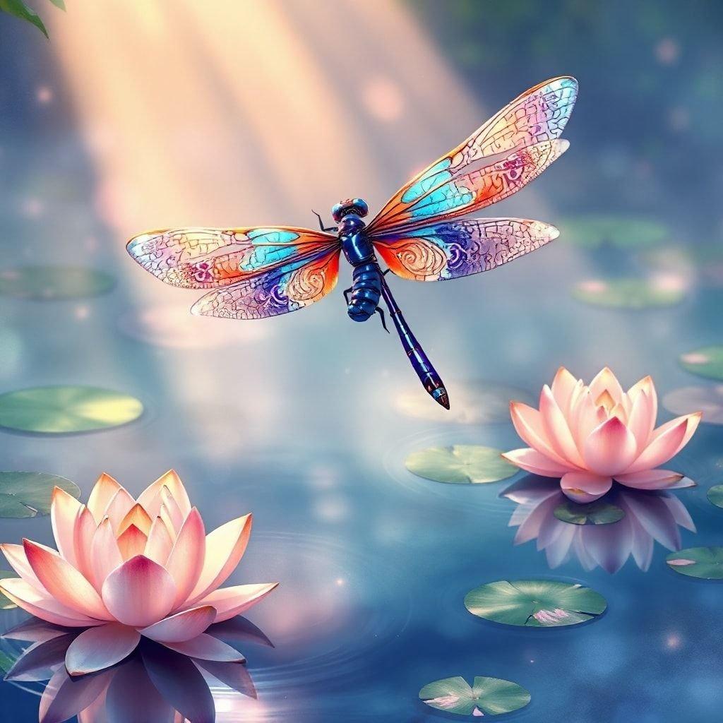 This anime wallpaper features a stunning dragonfly in flight above a serene lotus pond, with vibrant colors and intricate patterns.