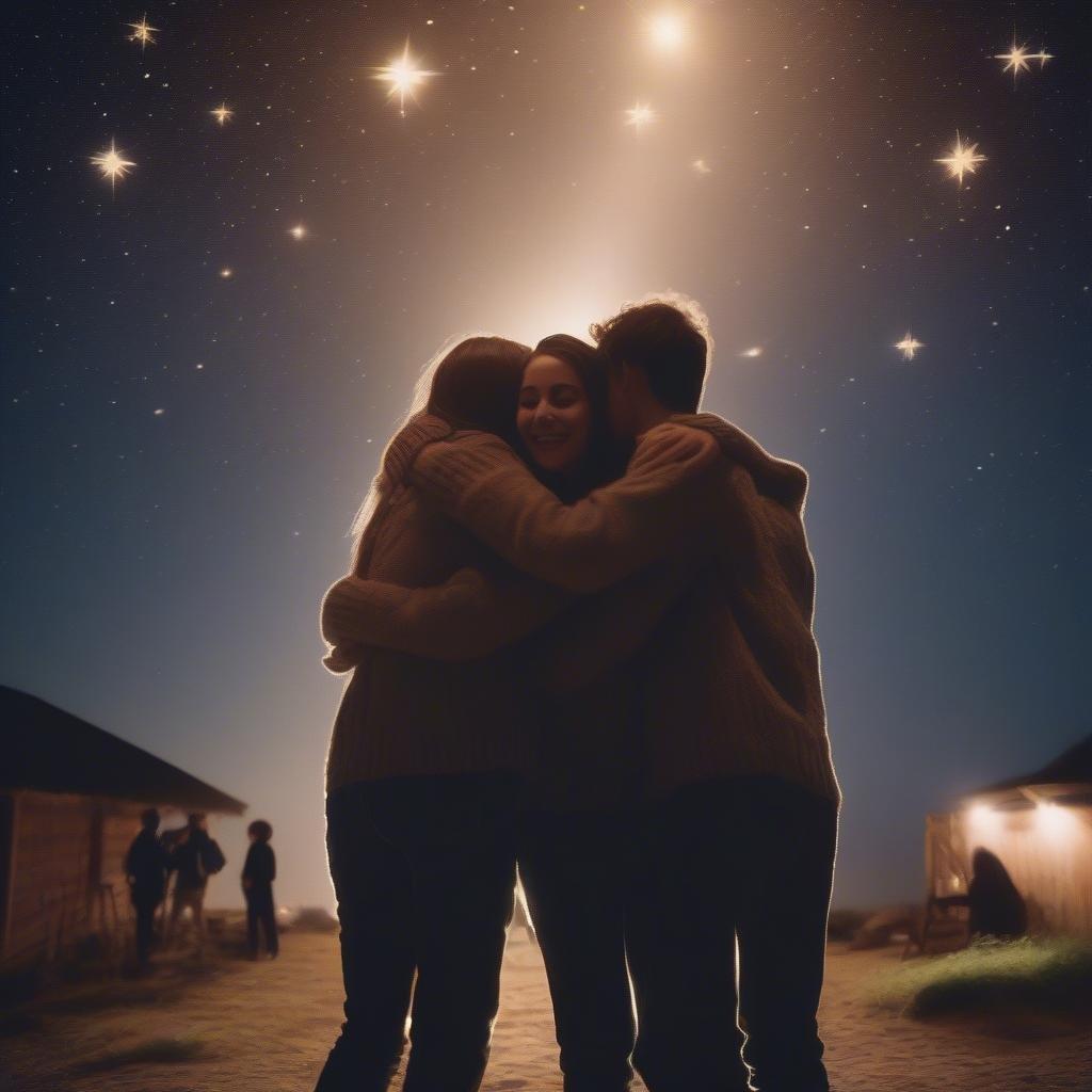 Friends embracing each other under the starlit sky at midnight, celebrating a new year together.