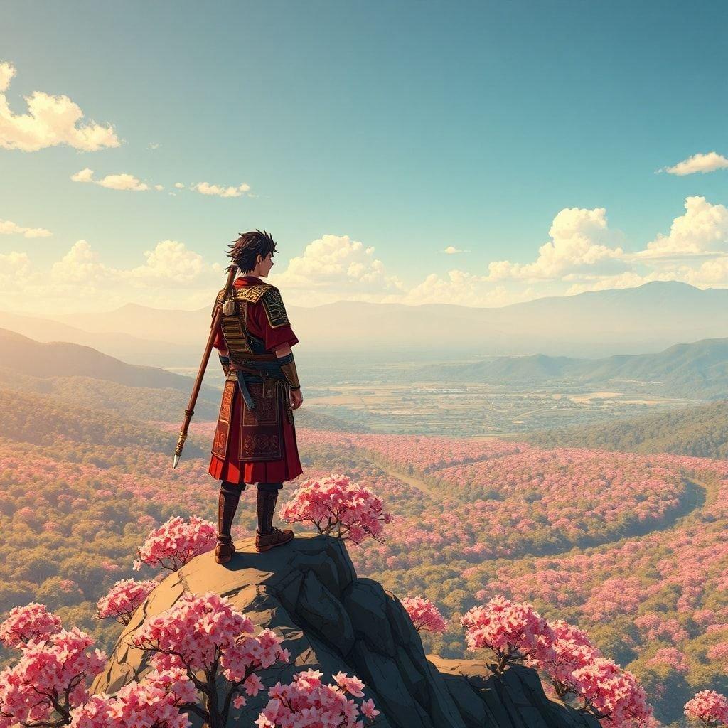 Una ilustración de anime serena y detallada de un joven samurái de pie en la cima de una montaña, con vistas a un frondoso bosque de cerezos en flor. La vibrante escena, con sus cálidos tonos amarillos y naranjas, captura un momento de paz en la naturaleza.