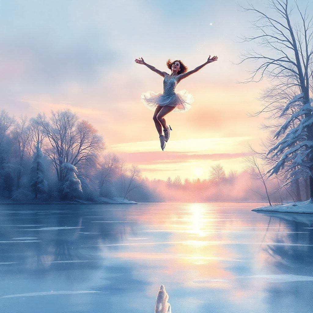 This stunning wallpaper captures the grace and beauty of an ice skater in motion. The image showcases the skater's dynamic pose, with their arms outstretched and legs bent, as they glide effortlessly across the ice. The background is a serene winter wonderland, complete with snow-covered trees and a frozen lake. The overall effect is one of movement and energy, making this wallpaper perfect for anyone who loves figure skating or winter sports.