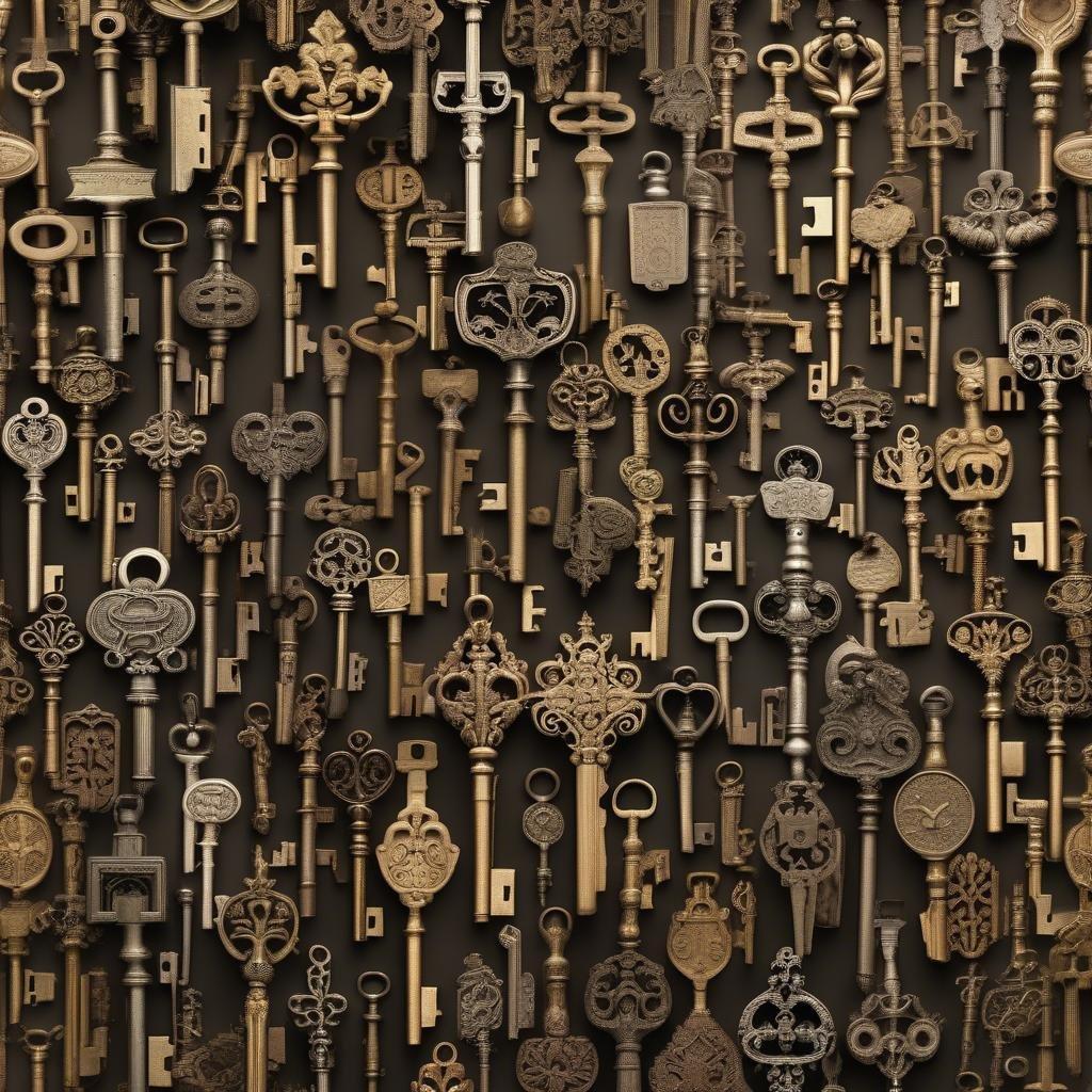 A pattern of antique keys, each telling its own unique story. A wallpaper that mixes history with the charm of the unknown.