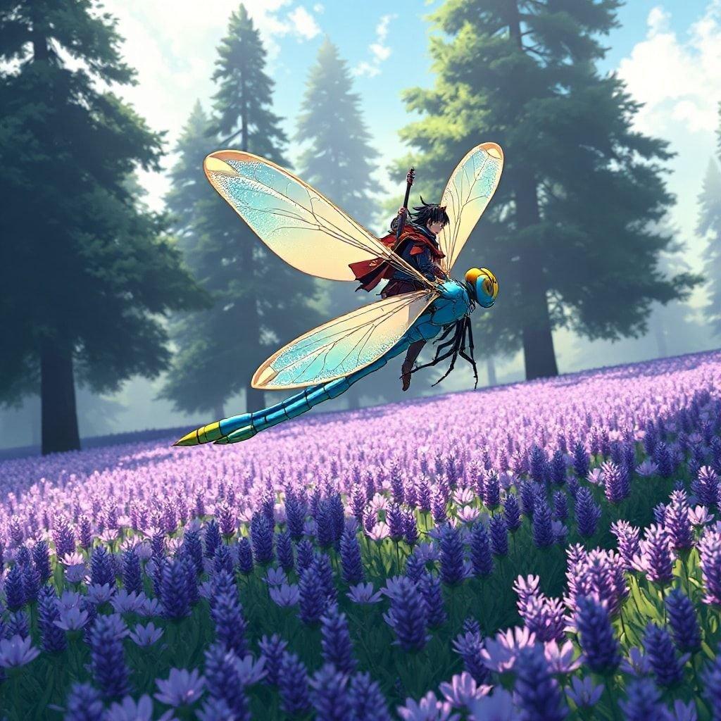 Immerse yourself in the serene world of anime with this captivating wallpaper featuring a samurai riding a majestic dragonfly through a field of lavender. The dragonfly's vibrant blue body and yellow head, accompanied by its light green tail, create a stunning visual effect as it soars to the right. The background of tall, dark trees adds depth and tranquility to the scene, making this image perfect for desktop and mobile use.