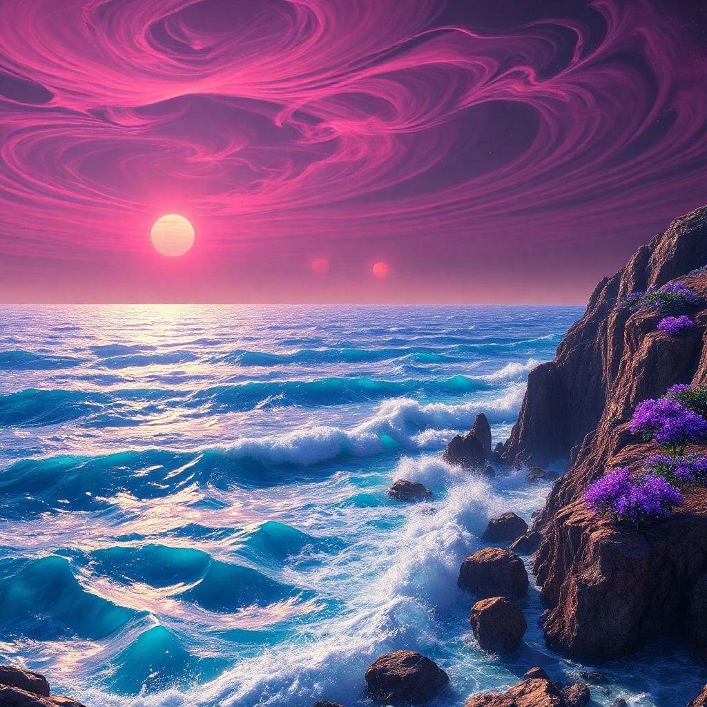 This stunning sci-fi landscape wallpaper transports you to a distant planet, where the ocean meets the sky in a breathtaking sunset.