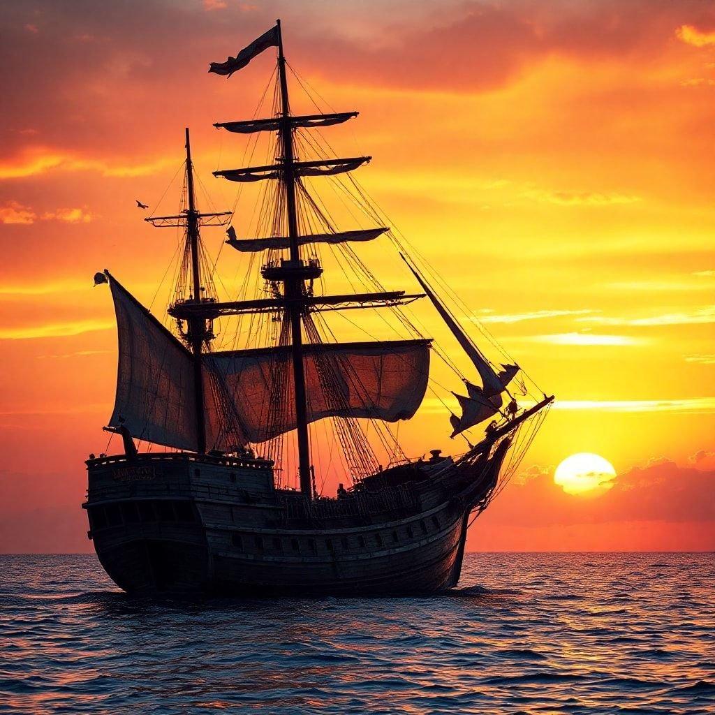 A serene sunset over the ocean with a classic sailing ship.