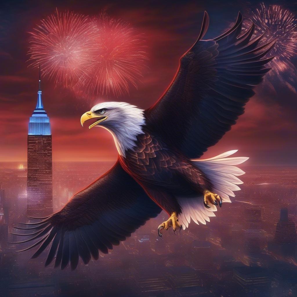 The American bald eagle soaring high above the city skyline with fireworks in the background. Celebrating America's birthday!