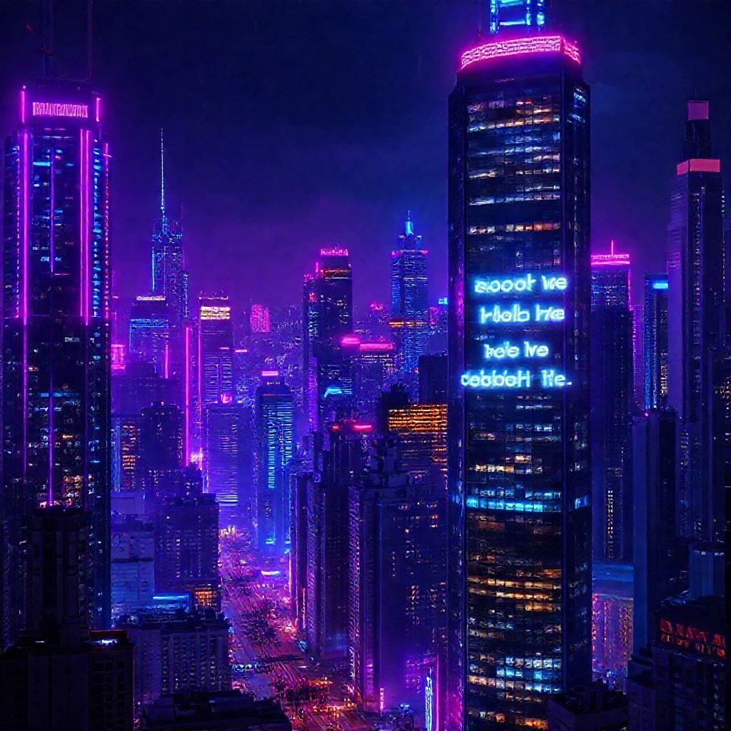 A bustling city lights up the night sky with neon signs, pink skyscrapers standing tall against the dark backdrop.