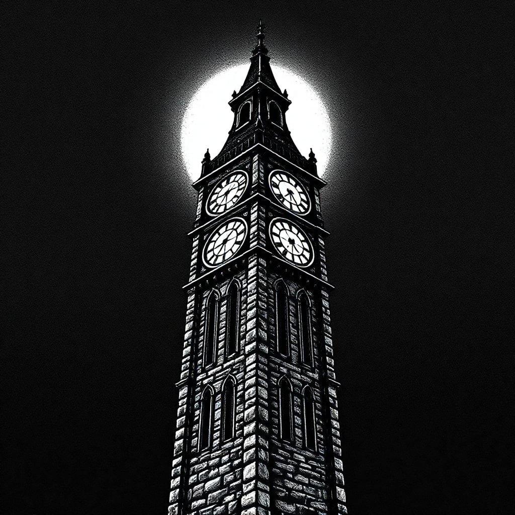 Este papel de parede em preto e branco captura a elegância atemporal da torre do relógio Big Ben, iluminada pela lua cheia contra um céu estrelado.