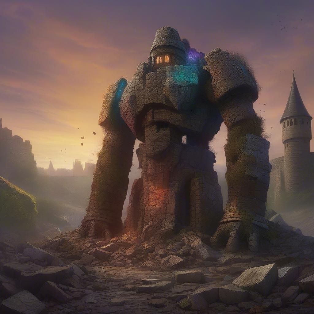 This epic fantasy wallpaper features a colossal robot standing guard over a castle ruins, with a dramatic sky in the background. It's a scene of awe-inspiring power and fantastical elements that are perfect for desktop or mobile devices.