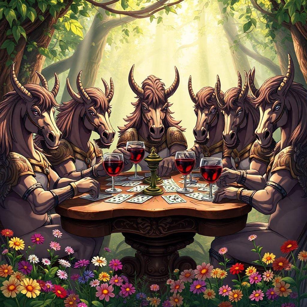 These anime characters are enjoying a game of cards in the forest, surrounded by beautiful flowers and trees. The scene is peaceful and serene, with the characters fully immersed in their game.