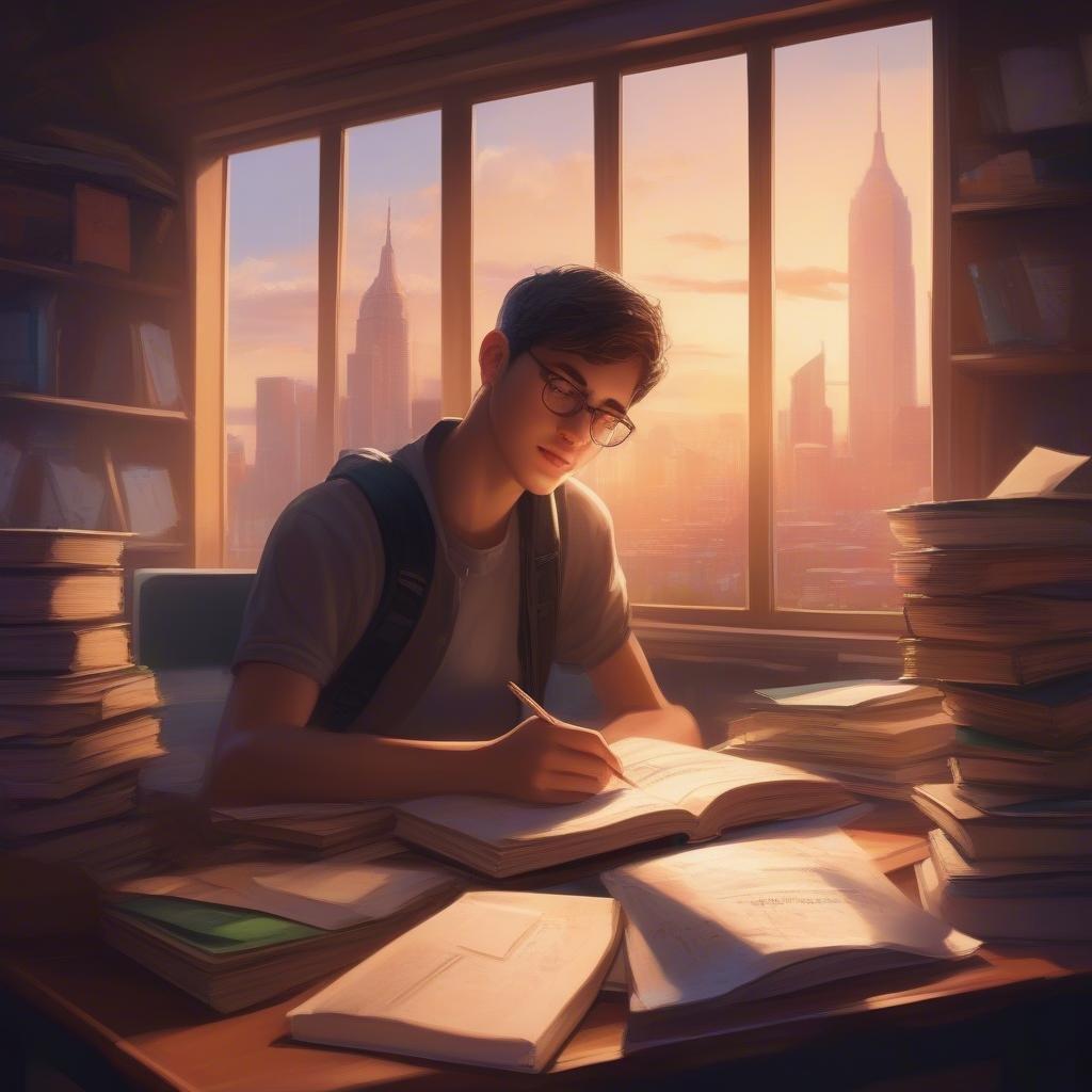 A young student is diligently studying in a well-lit room with a stunning city skyline view, surrounded by books and papers, capturing the essence of back-to-school season.