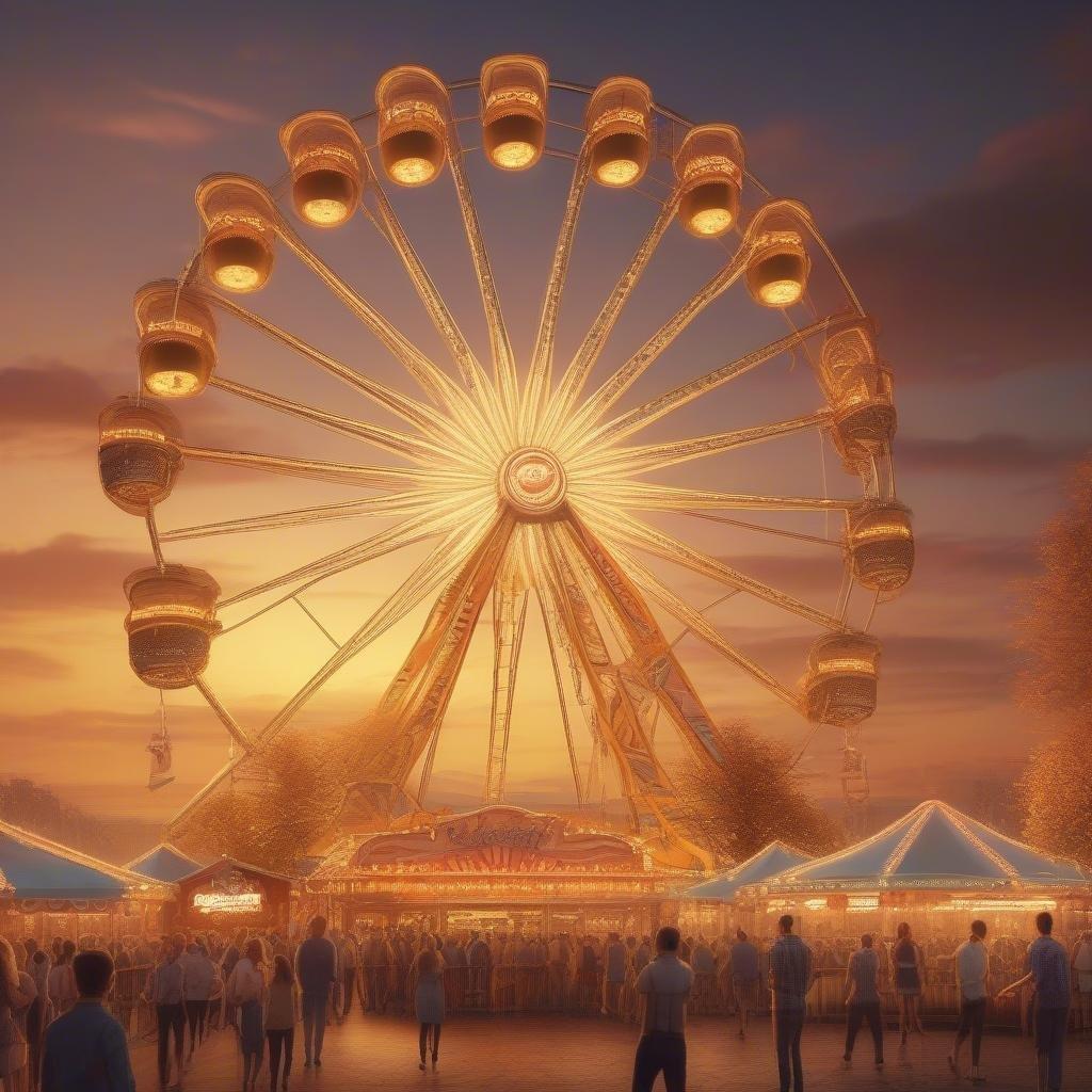 Experience the vibrant spirit of Oktoberfest with this stunning wallpaper featuring a majestic Ferris wheel. The golden hues of the sunset and the lively atmosphere of the festival come together to create a captivating scene that's perfect for your desktop or mobile device.