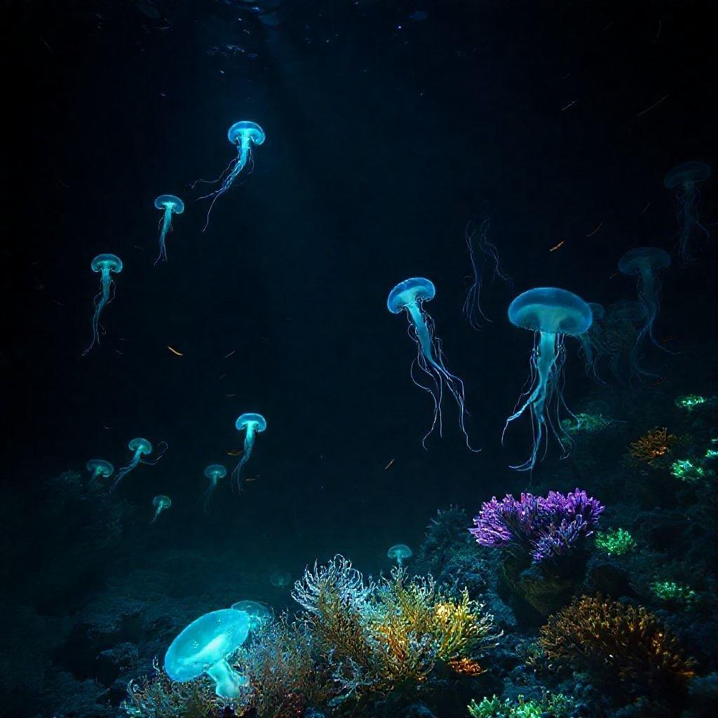 Delve into the deep blue ocean to explore a world teeming with life. This vivid underwater scene captures a group of jellyfish gracefully floating, surrounded by the colorful diversity of marine life. Plunge into this mesmerizing image as your desktop wallpaper for a daily dose of serenity and wonder.