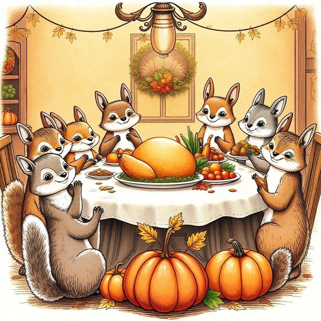 A cozy scene of a family of squirrels enjoying their holiday feast with a traditional turkey. A warm autumn table setting evokes the festive spirit of Thanksgiving.