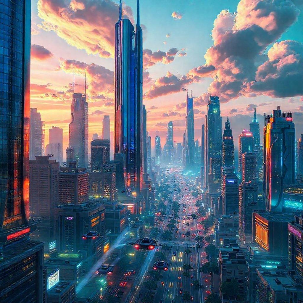 Immerse yourself in the breathtaking beauty of this sci-fi landscape, where towering skyscrapers and neon lights create a futuristic world.