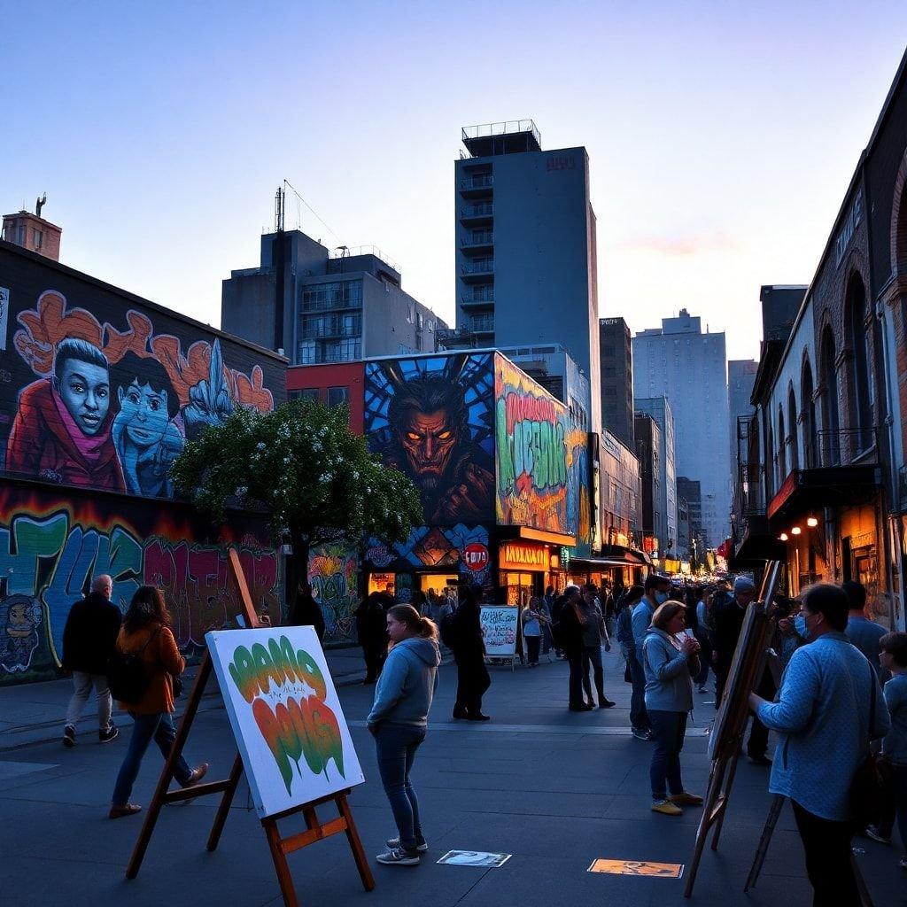 A lively city street scene where urban artistry meets the daily hustle. Watch the sunset as it illuminates the walls with an array of colorful murals, and enjoy the local vibe that keeps this neighborhood alive.