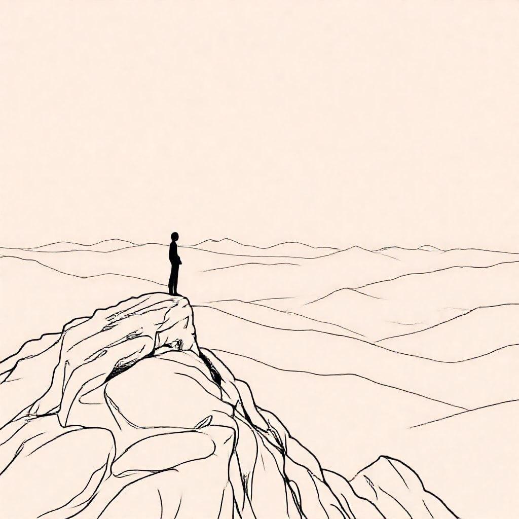 This minimalist landscape wallpaper features a person standing on a rock in the middle of a vast, empty landscape.