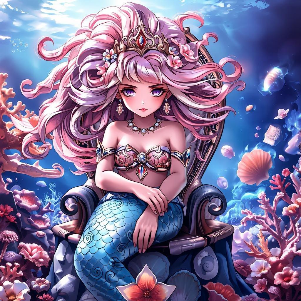 Immerse yourself in the enchanting world of anime with this captivating mermaid princess wallpaper. The detailed illustration features a charming mermaid princess with hair resembling white and pink coral, seated on a throne crafted from shells and coral. The deep blue background is adorned with a sea of vibrant corals and shells, creating a mesmerizing scene that will transport you to an underwater realm.