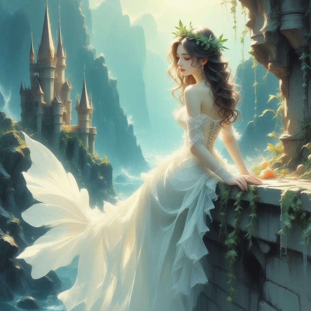 In this magical realm, a mermaid in a pristine white dress and a crown of leaves sits poised on the edge of an underwater castle. The warm glow that bathes the scene adds to its enchanting atmosphere, while the mysterious blue-green hue hints at the depths beneath.